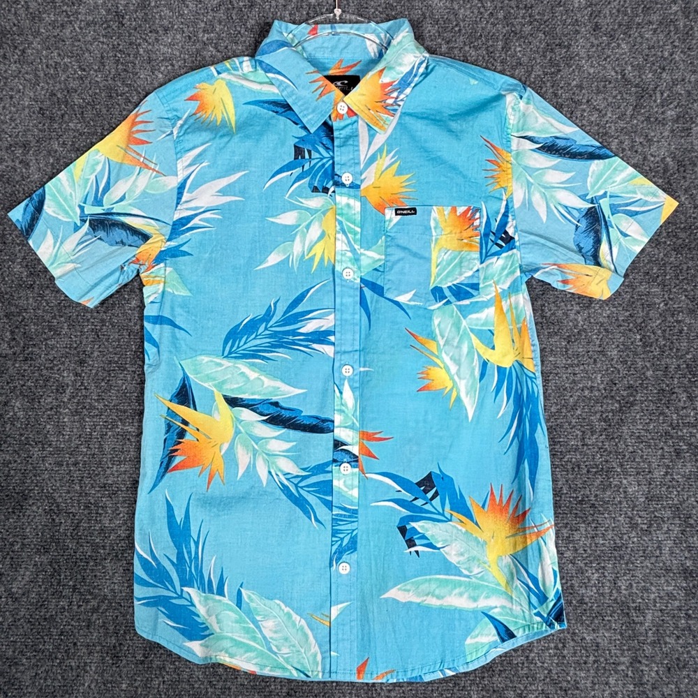 O'Neill Mens Large Blue Tropical Bird of Paradise Short Sleeve Button Down Shirt